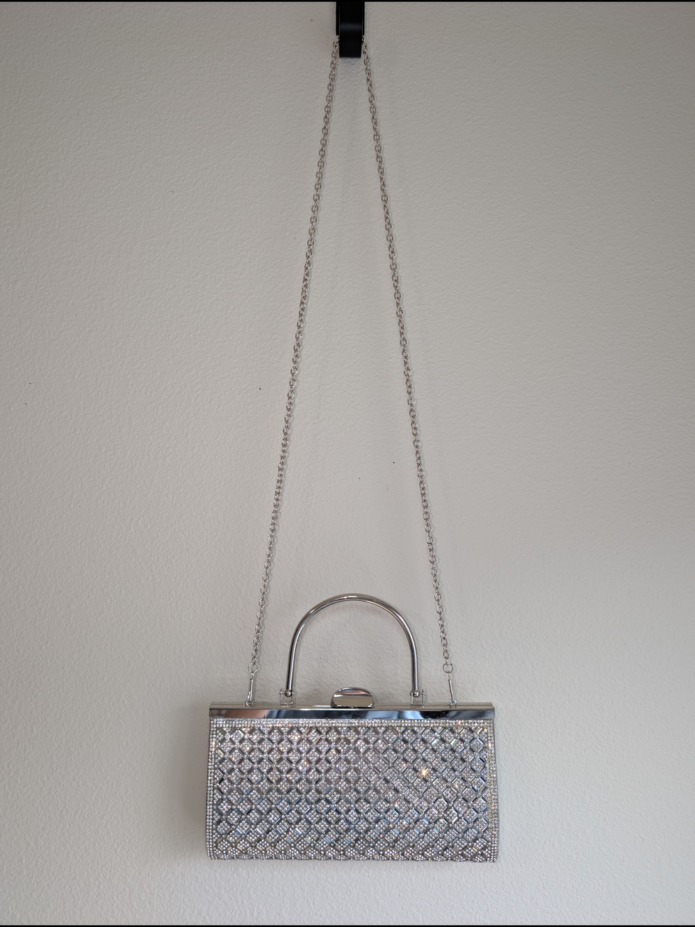 Prezzo Silver Rhinestone Lattice Clutch Bag